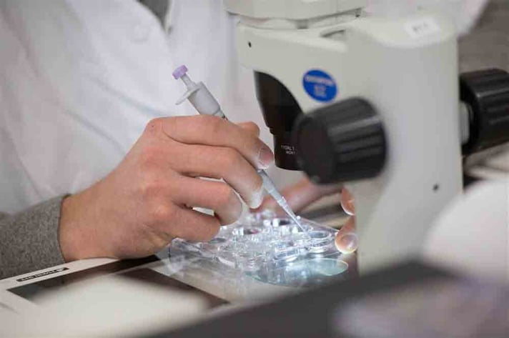 A scientist in a lab coat uses a pipette under a microscope, focusing on precise laboratory work with a clear petri dish.