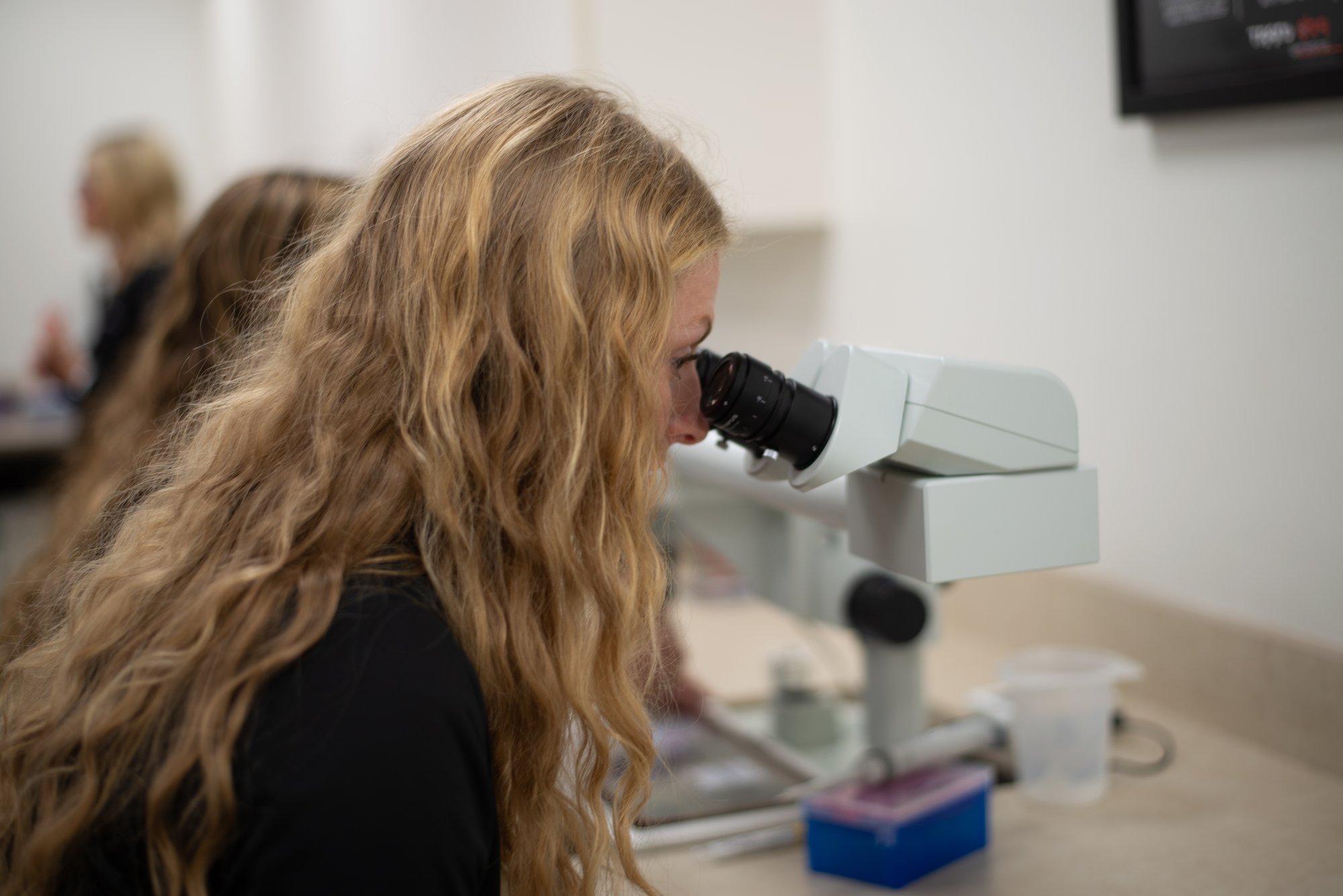 student looking into microscope