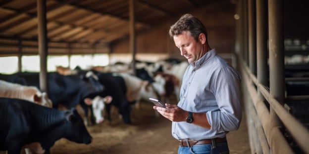 Farmer using a smartphone while standing among cattle inside a barn